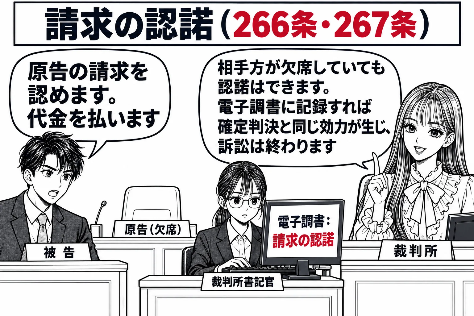 法廷の場面。被告席の被告(札「被告」)が立ち上がり「原告の請求を認めます。代金を払います」と述べている。原告席は空席で札「原告(欠席)」。書記官(札「裁判所書記官」)がパソコンに「電子調書:請求の認諾」と入力している。裁判官席の先生(札「裁
