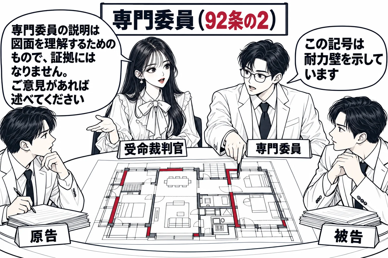 弁論準備手続室のラウンドテーブル。奥に先生が裁判官役（札「受命裁判官」）、横に白衣の専門家（札「専門委員」）が建物の設計図面を広げて指さしている。左右に原告代理人（札「原告」）と被告代理人（札「被告」）。専門委員の吹き出し「この記号は耐力壁