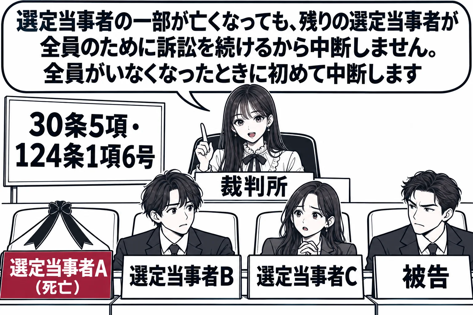 法廷の場面。原告席に二人（札「選定当事者B」「選定当事者C」）が座り、空いた席に喪章付きの札「選定当事者A（死亡）」が置かれている。被告席に男性（札「被告」）。先生が裁判官役（札「裁判所」）で裁判官席に座っている。先生の吹き出し「選定当事者