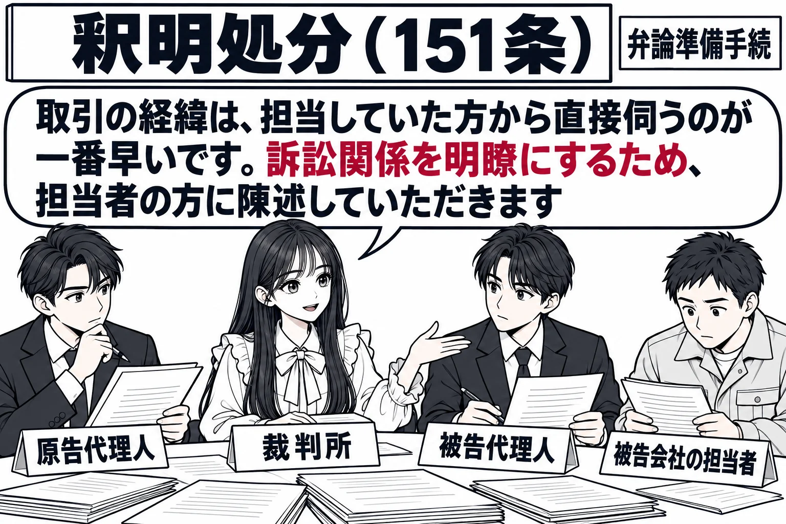 弁論準備手続のラウンドテーブルの場面。円卓の奥に先生が裁判官役（札「裁判所」）として座り、左右に原告代理人の弁護士（札「原告代理人」）と被告代理人の弁護士（札「被告代理人」）がいる。被告代理人の隣に、作業服の男性（札「被告会社の担当者」）が