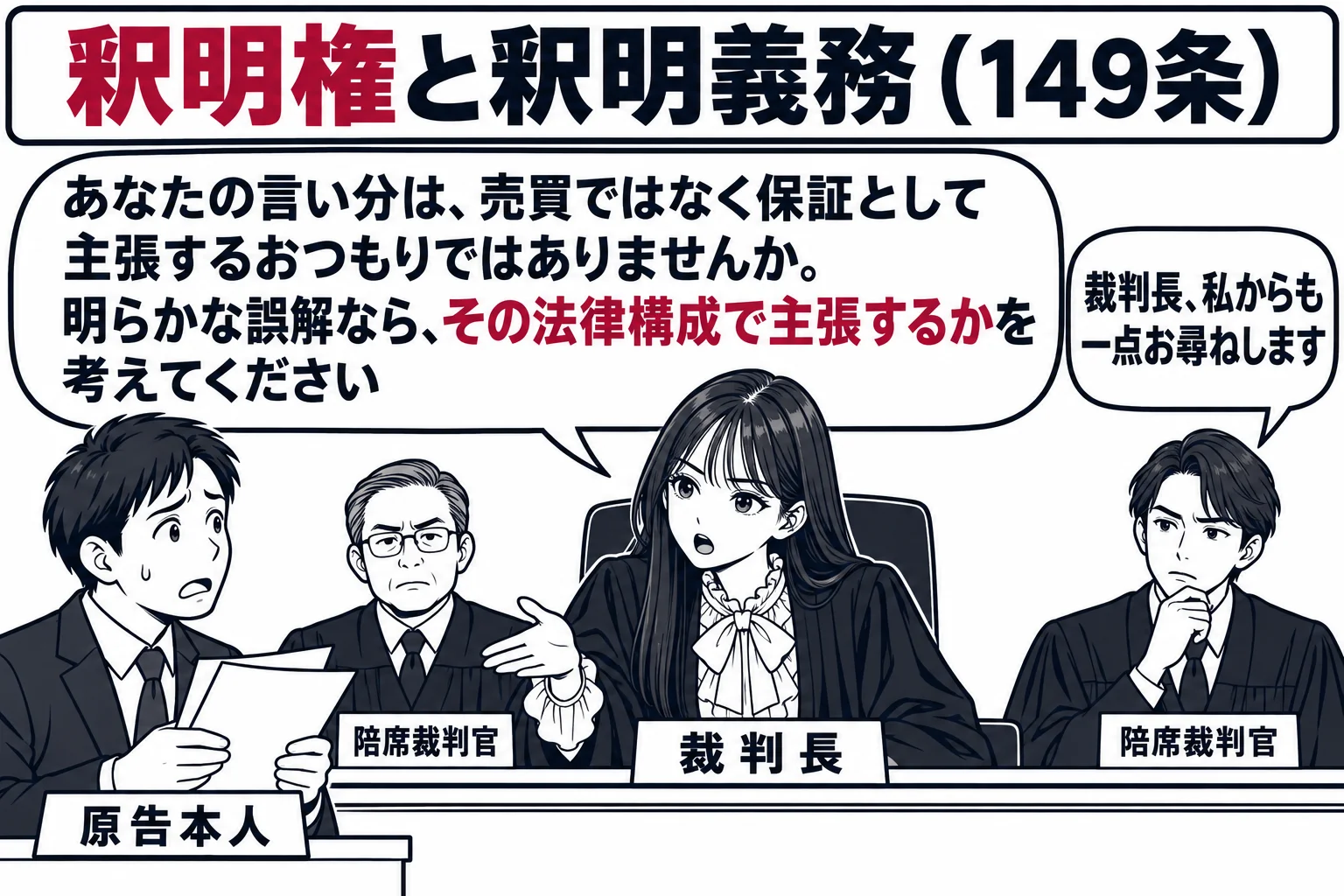 民事の法廷の場面。正面の裁判官席の中央に先生が裁判長役（札「裁判長」）として座り、左右に陪席裁判官が2人いる。原告席には弁護士の付いていない男性（札「原告本人」）が、書類を手に困った顔で立っている。先生が原告に向かって身を乗り出し、吹き出し