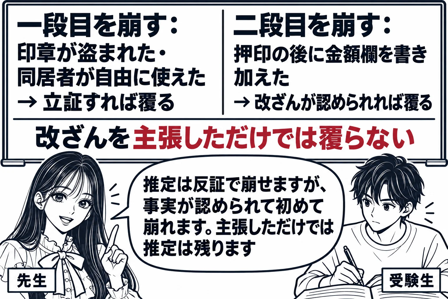 教室の場面。先生が教師役（札「先生」）で黒板の前に立つ。黒板の左に「一段目を崩す：印章が盗まれた・同居者が自由に使えた → 立証すれば覆る」、右に「二段目を崩す：押印の後に金額欄を書き加えた → 改ざんが認められれば覆る」、下に横線で「改ざ