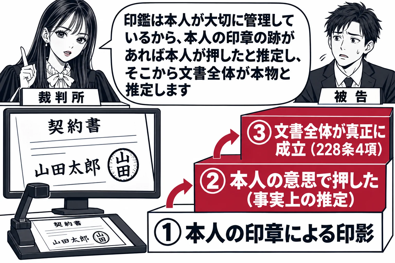法廷で契約書の押印が問題になっている場面。法壇に先生が裁判官役（札「裁判所」）として座り、手前の書画カメラのモニターに契約書の名前の横の赤い印影が大きく映っている。モニターの横に階段状の図が描かれ、下から「①本人の印章による印影」→「②本人