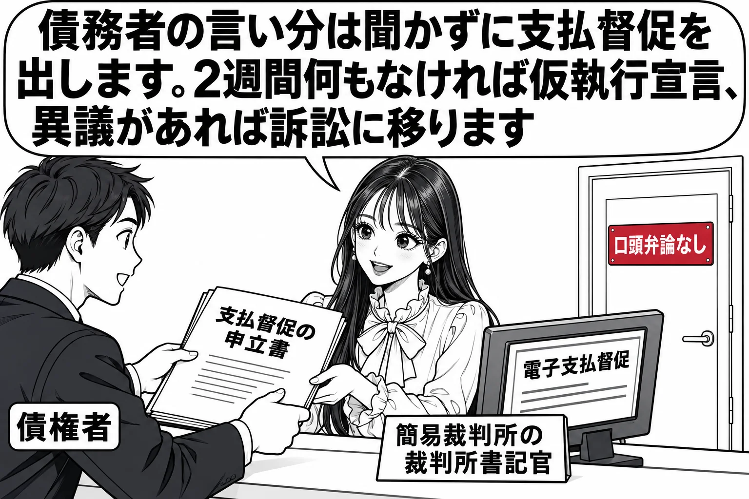 簡易裁判所の書記官室の受付の場面。男性（札「債権者」）が「支払督促の申立書」を差し出している。カウンターの奥で先生が裁判所書記官役（札「簡易裁判所の裁判所書記官」）として申立書を受け取り、パソコンの画面に「電子支払督促」と表示されている。法