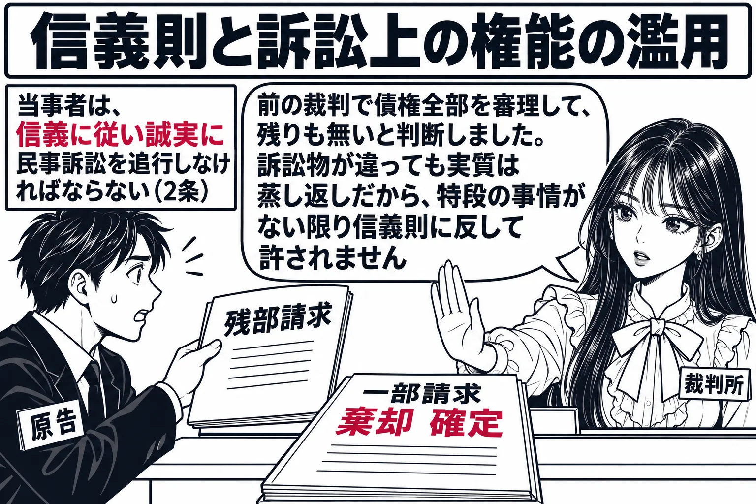 裁判所の受付カウンターの場面。男性（札「原告」）が「残部請求」と書かれた訴状を差し出そうとしており、その手前の机に「一部請求 棄却 確定」と書かれた判決書が置かれている。カウンターの奥に先生が裁判官役（札「裁判所」）として立ち、片手を軽く上