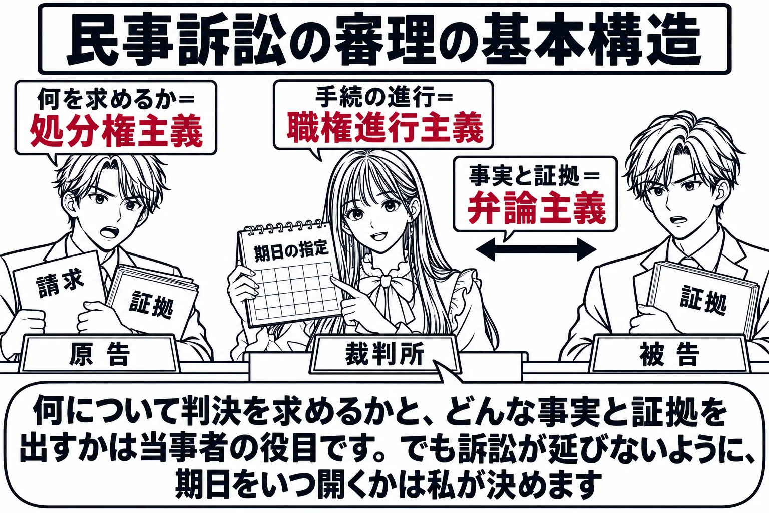 民事の法廷の場面。左の原告席に男性（札「原告」）が「請求」と書かれた書類と証拠のファイルを抱え、右の被告席に男性（札「被告」）が証拠のファイルを持っている。正面の裁判官席に先生が裁判官役（札「裁判所」）として座り、手元に「期日の指定」と書か