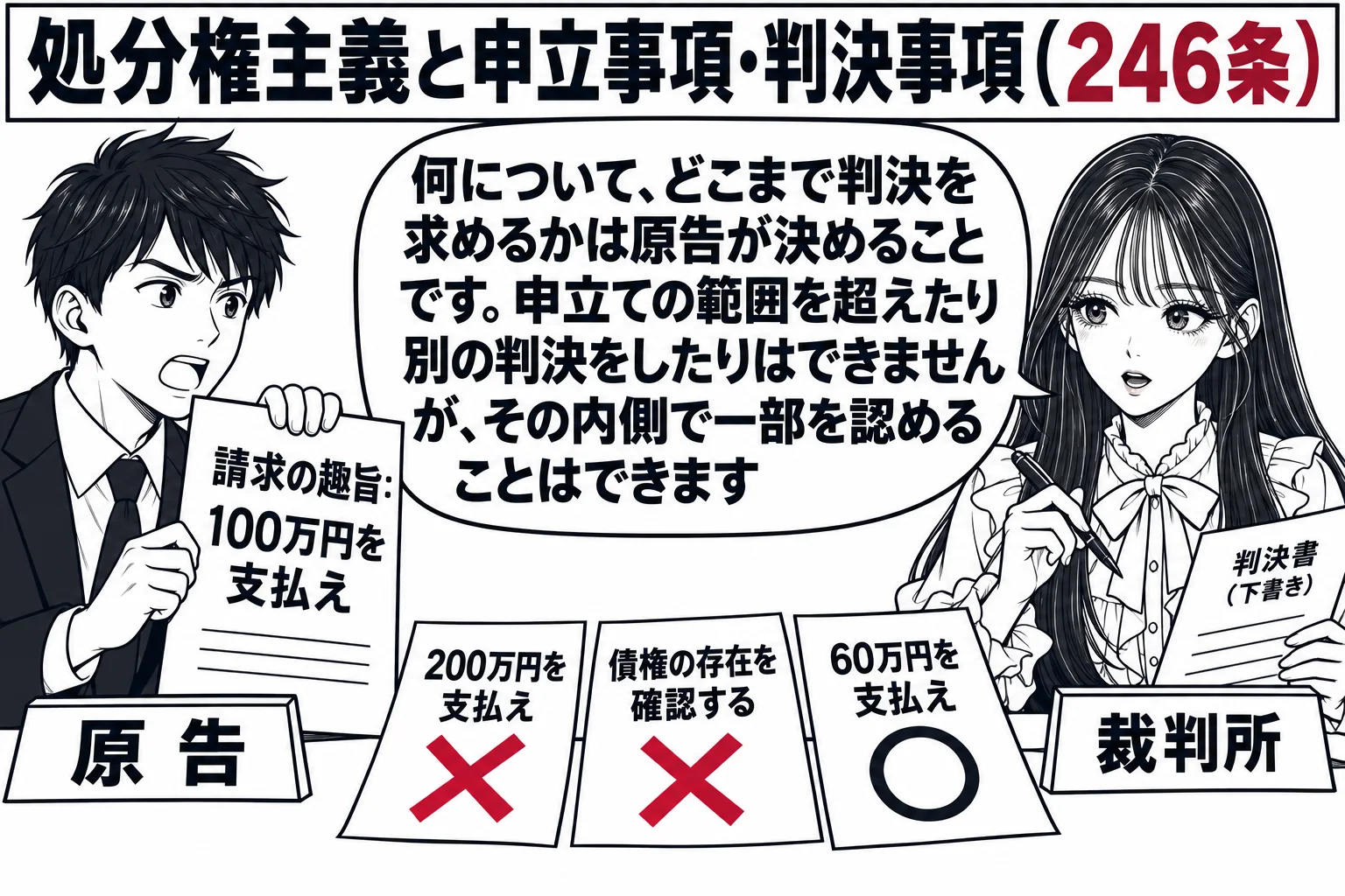 民事の法廷の場面。原告席の男性（札「原告」）が「請求の趣旨：100万円を支払え」と書かれた訴状を掲げている。正面の裁判官席で先生が裁判官役（札「裁判所」）として、手元の判決書の下書きを見ながら、「200万円を支払え」「債権の存在を確認する」