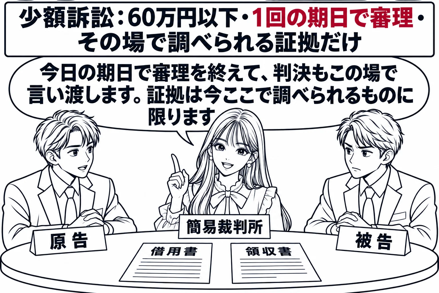 簡易裁判所のラウンドテーブル法廷の場面。丸いテーブルを囲んで、先生が裁判官役（札「簡易裁判所」）、男性（札「原告」）、男性（札「被告」）が座る。テーブルの上に「借用書」「領収書」の書類だけが置かれている。壁に掲示「少額訴訟：60万円以下・1