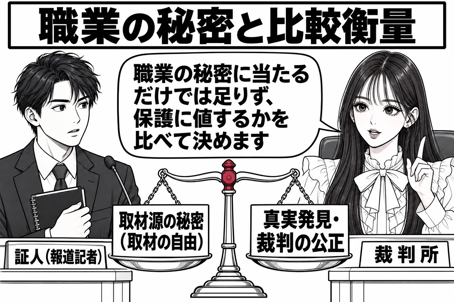法廷の場面。証言台に記者の男性（札「証人（報道記者）」）が手帳を閉じて立っている。裁判官席の先生（札「裁判所」）の前に天秤が置かれ、左の皿に「取材源の秘密（取材の自由）」、右の皿に「真実発見・裁判の公正」と書かれた札が載っている。先生の吹き