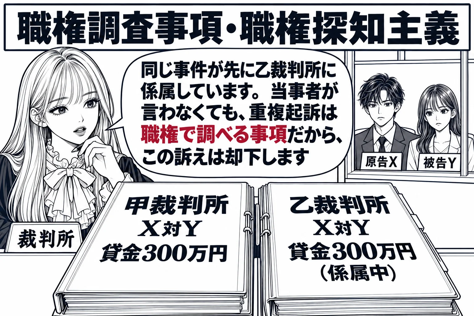 裁判官室の場面。机に向かう先生が裁判官役（札「裁判所」）として、2冊の訴訟記録を並べて見比べている。左の記録の表紙に「甲裁判所　X対Y　貸金300万円」、右の記録の表紙に「乙裁判所　X対Y　貸金300万円（係属中）」とある。窓の外の法廷では