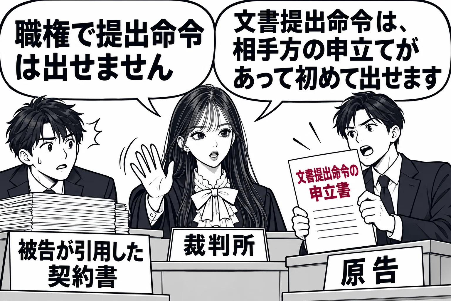 法廷の場面。被告席の机の上に書類（札「被告が引用した契約書」）が置かれている。裁判官席の先生（札「裁判所」）が手を振って「職権で提出命令は出せません」と言い、原告席の男性（札「原告」）が書類「文書提出命令の申立書」を手に立ち上がっている。先