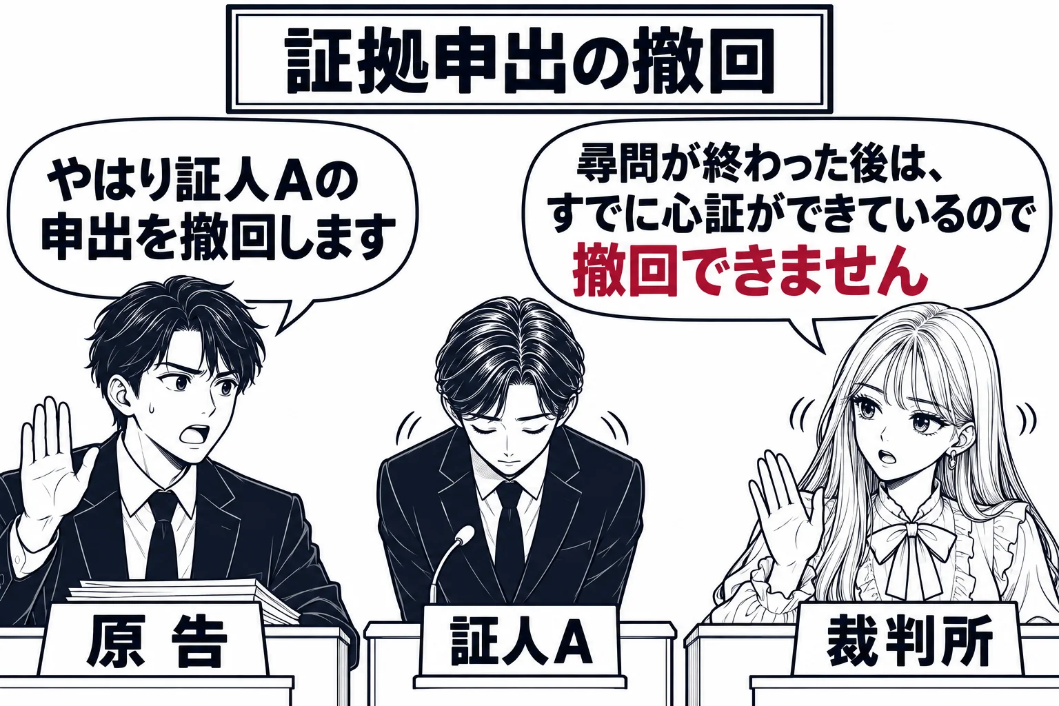 法廷の場面。証言台で証人（札「証人A」）が証言を終えて一礼している。原告席の男性（札「原告」）が手を挙げて「やはり証人Aの申出を撤回します」と言っている。裁判官席の先生（札「裁判所」）が首を横に振っている。先生の吹き出し「尋問が終わった後は