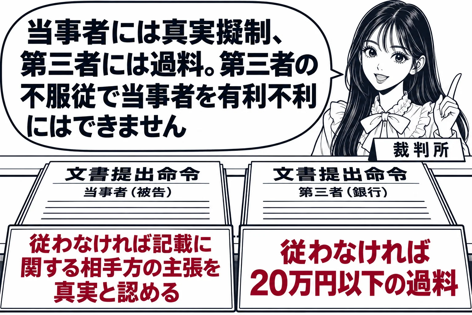 裁判所書記官室の受付カウンターの場面。カウンターの上に「文書提出命令」と書いた書類が二通並んでいる。左の書類の宛名は「当事者（被告）」で、その下に札「従わなければ記載に関する相手方の主張を真実と認める」。右の書類の宛名は「第三者（銀行）」で