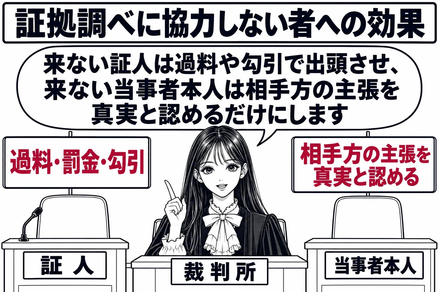 法廷の場面。証言台が空いている。裁判官席の先生（札「裁判所」）の左側に札「証人」と書かれた空席があり、その上に「過料・罰金・勾引」と書いた札が浮かぶ。右側の当事者席に札「当事者本人」と書かれた空席があり、その上に「相手方の主張を真実と認める