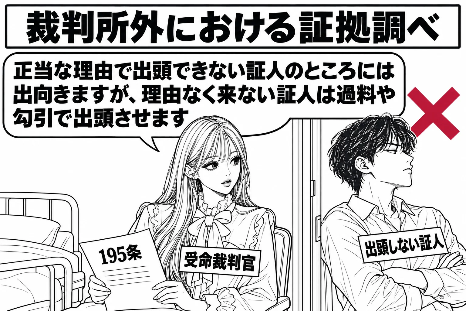 病院の一室を背景にした場面（ベッドの人物は描かない）。受命裁判官役の先生（札「受命裁判官」）が書類「195条」を手にベッドのそばの椅子に座っている。部屋の外の廊下に「出頭しない証人」と札の付いた男性が腕組みをして背を向けて立ち、その上に×印