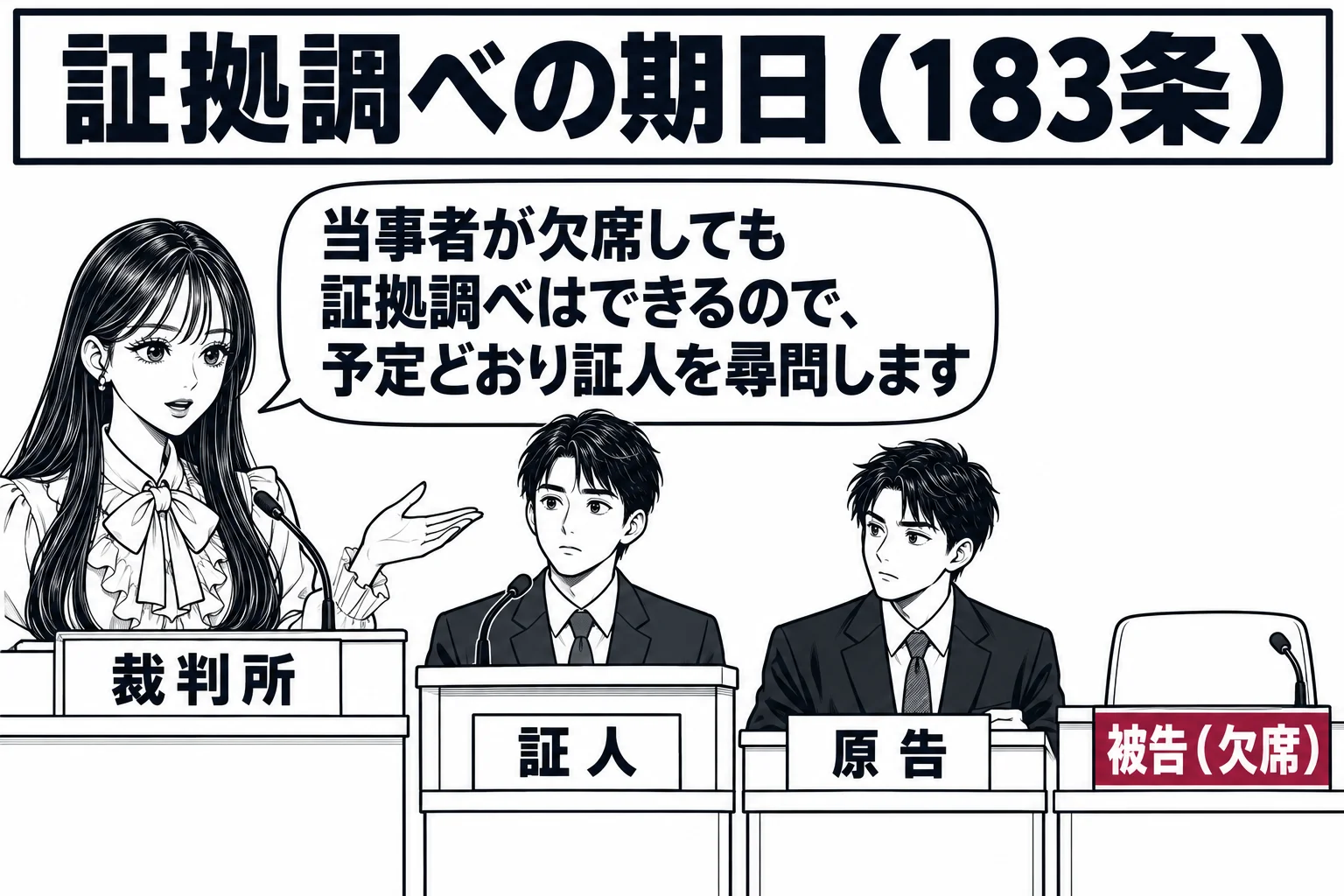 法廷の場面。証言台に証人（札「証人」）が立ち、原告席には男性（札「原告」）が座っているが、被告席は空席で札「被告（欠席）」が置かれている。裁判官席の先生（札「裁判所」）が尋問を始めようとしている。先生の吹き出し「当事者が欠席しても証拠調べは
