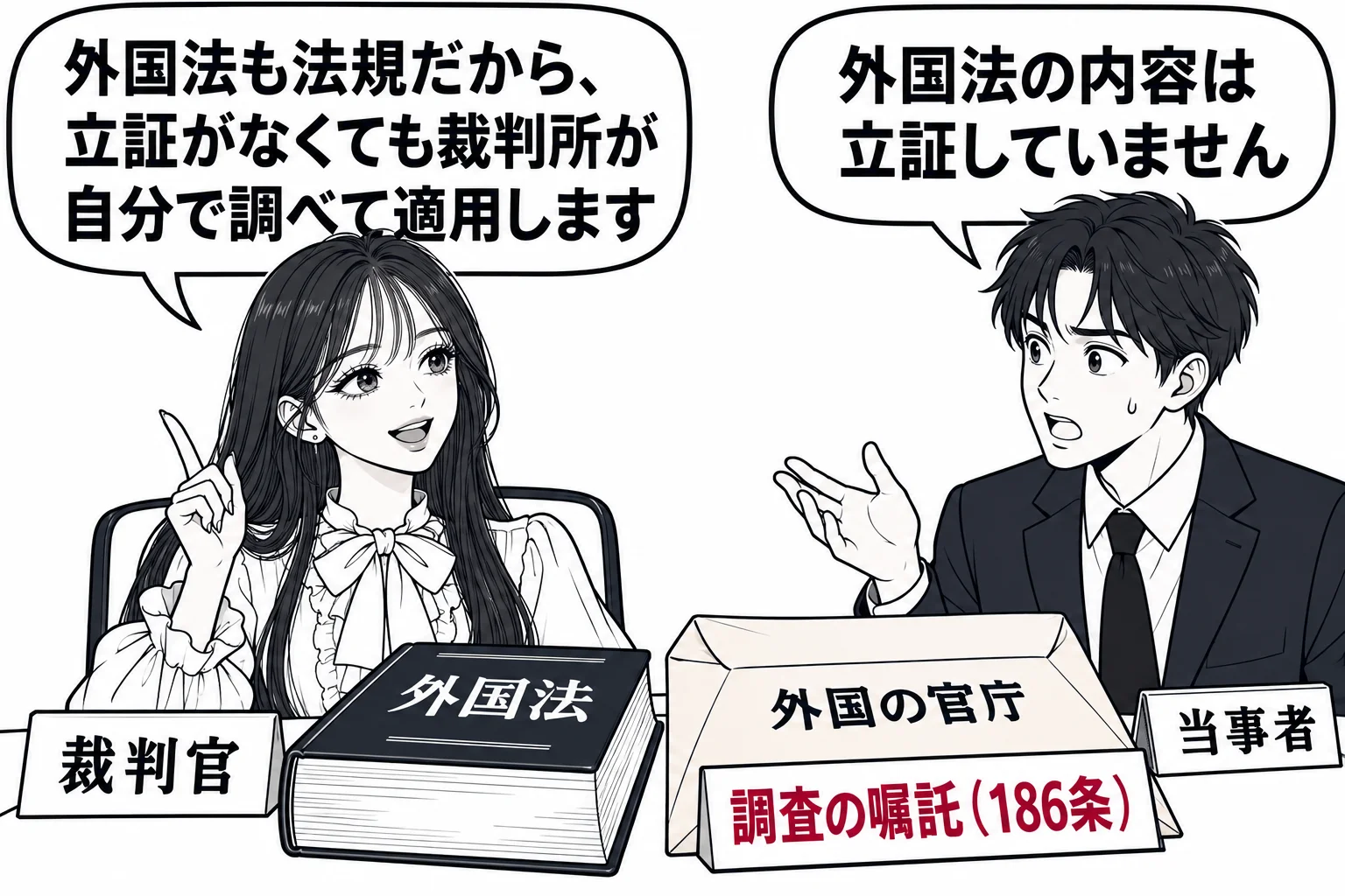 裁判官室の場面。机に向かう先生（札「裁判官」）の前に、表紙に「外国法」と書かれた分厚い本と、宛先が「外国の官庁」と書かれた封筒（札「調査の嘱託（186条）」）が置かれている。机の横に立つ男性（札「当事者」）が「外国法の内容は立証していません