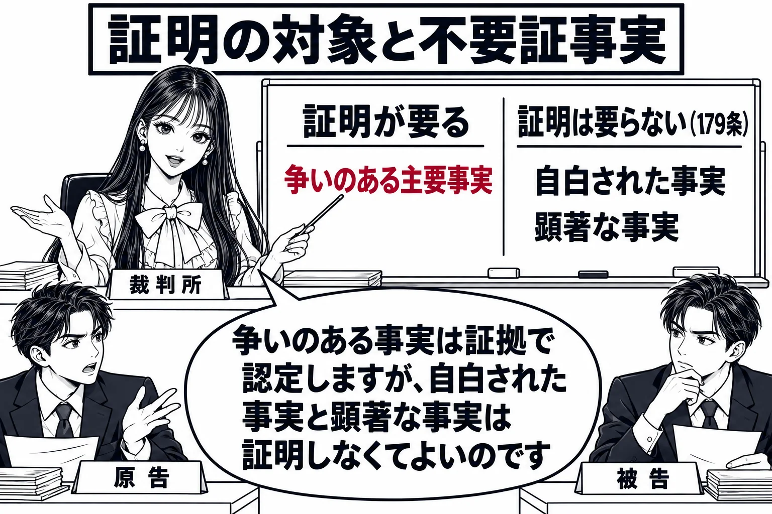 法廷の場面。裁判官席の先生（札「裁判所」）の横にホワイトボードがあり、左の欄に「証明が要る」として「争いのある主要事実」、右の欄に「証明は要らない（179条）」として「自白された事実」「顕著な事実」と書かれている。原告席の男性（札「原告」）