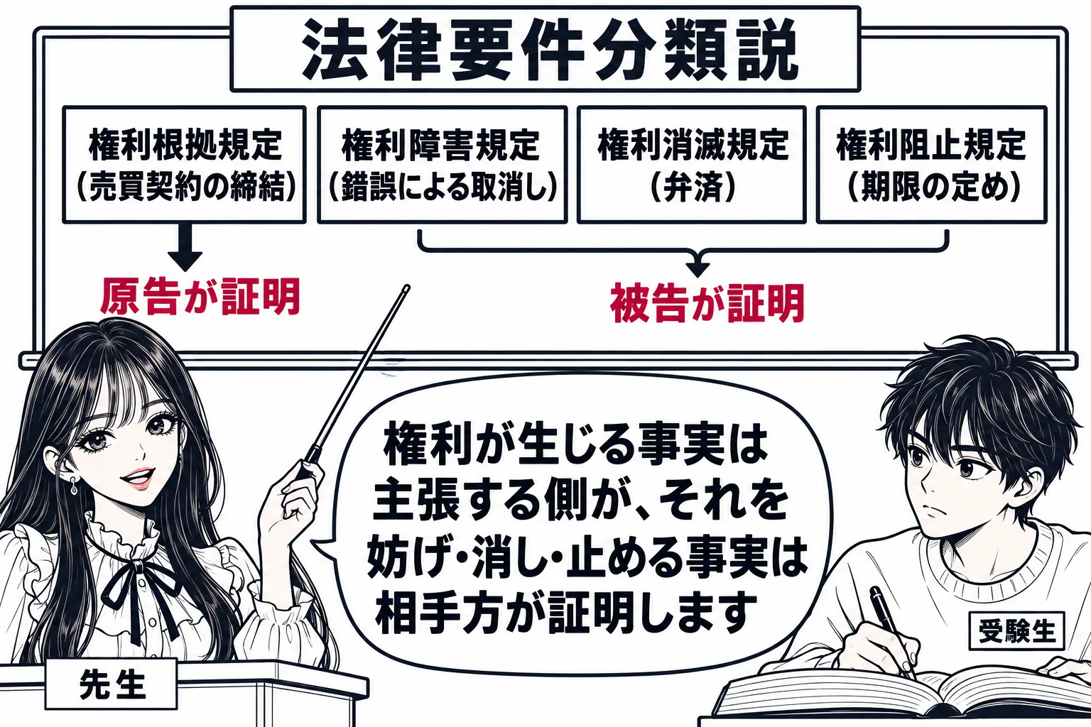 教室の場面。黒板に四つの箱が横に並び、左から「権利根拠規定（売買契約の締結）」「権利障害規定（錯誤による取消し）」「権利消滅規定（弁済）」「権利阻止規定（期限の定め）」と書かれ、最初の箱の下に「原告が証明」、残り三つの下にまとめて「被告が証