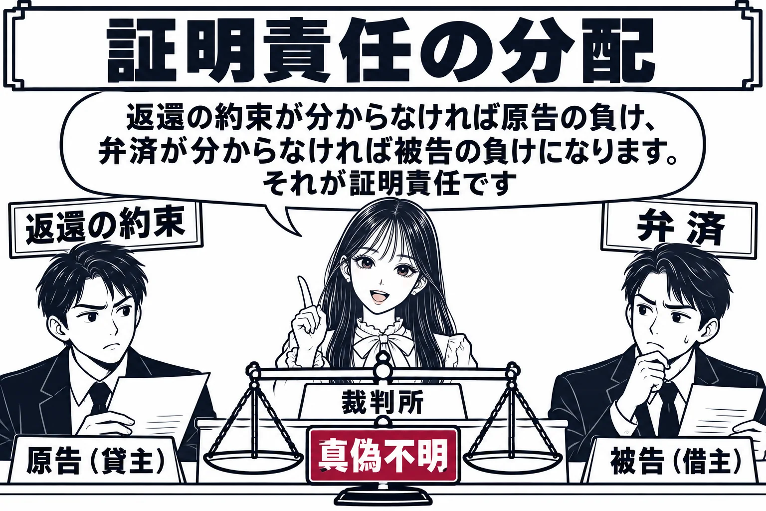 法廷の場面。裁判官席の先生（札「裁判所」）の前に天秤が置かれ、両方の皿が水平で釣り合い、真ん中に札「真偽不明」。左の原告席の男性（札「原告（貸主）」）の頭上に札「返還の約束」、右の被告席の男性（札「被告（借主）」）の頭上に札「弁済」。先生の