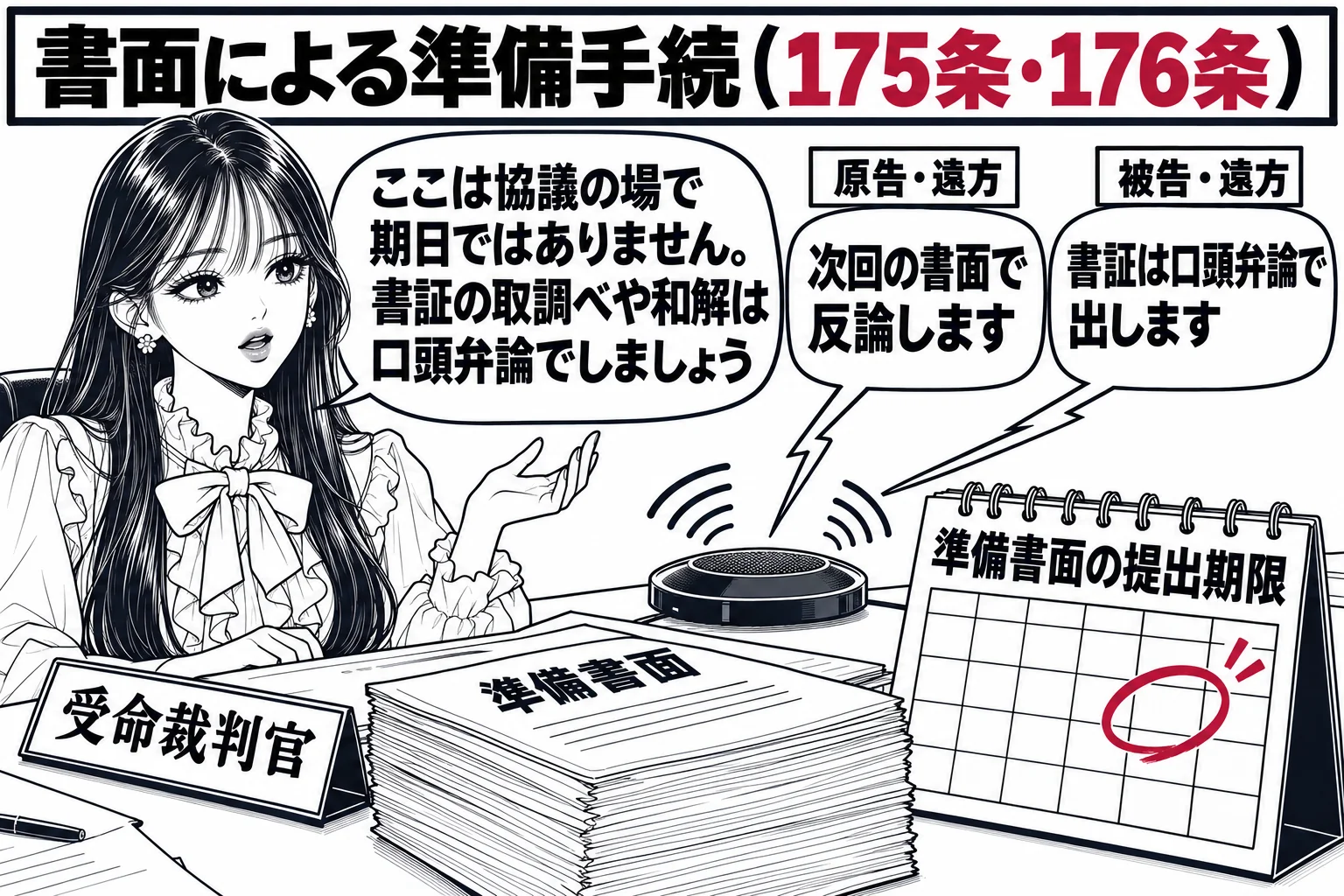 裁判官室の机の場面。先生が裁判官役（札「受命裁判官」）として机に座り、電話会議用のスピーカーに向かって話している。机の上には準備書面の束と、カレンダーに「準備書面の提出期限」の印。スピーカーから二つの吹き出し、原告代理人（札「原告・遠方」）