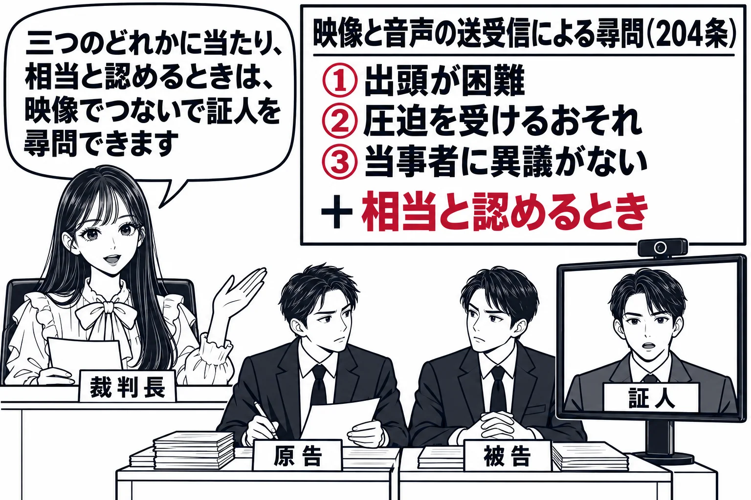 法廷と遠くの裁判所の一室をモニターでつないでいる場面。左側は法廷で、法壇に先生が裁判官役（札「裁判長」）として座り、当事者席に男性二人（札「原告」「被告」）。正面の大きなモニターに、別室の男性（札「証人」）が映っている。法廷の壁に掲示「映像