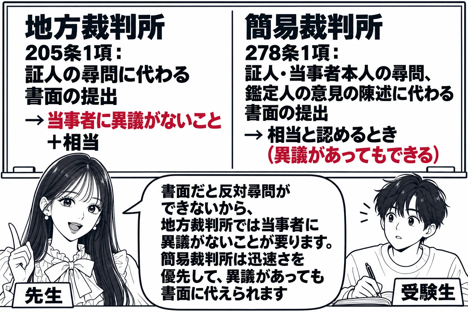 教室の場面。先生が教師役（札「先生」）で黒板の前に立つ。黒板は左右二段に分かれ、左に「地方裁判所 205条1項：証人の尋問に代わる書面の提出 → 当事者に異議がないこと＋相当」、右に「簡易裁判所 278条1項：証人・当事者本人の尋問、鑑定人