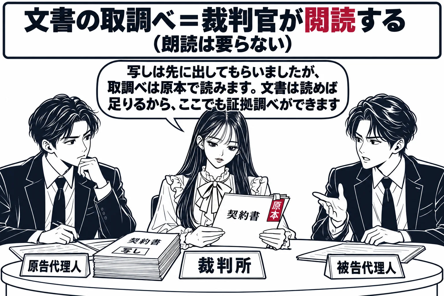 弁論準備手続の部屋（ラウンドテーブル）の場面。丸いテーブルを囲んで、先生が裁判官役（札「裁判所」）として契約書の原本を手に取り黙って読んでいる。両側に男性二人（札「原告代理人」「被告代理人」）。テーブルの上に契約書の写しの束と原本が並び、原