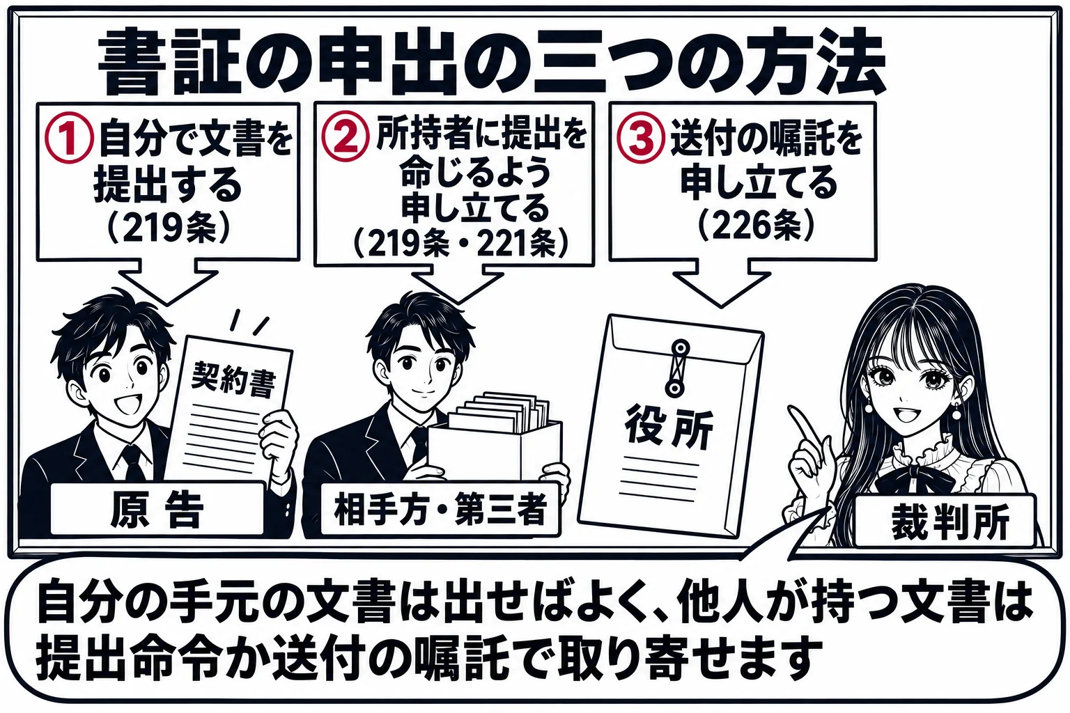 地方裁判所の書記官室の前の廊下に立てられた案内板の場面。案内板の題「書証の申出の三つの方法」。三つの矢印が並び、左「①自分で文書を提出する（219条）」に契約書を持つ男性（札「原告」）、中央「②所持者に提出を命じるよう申し立てる（219条・