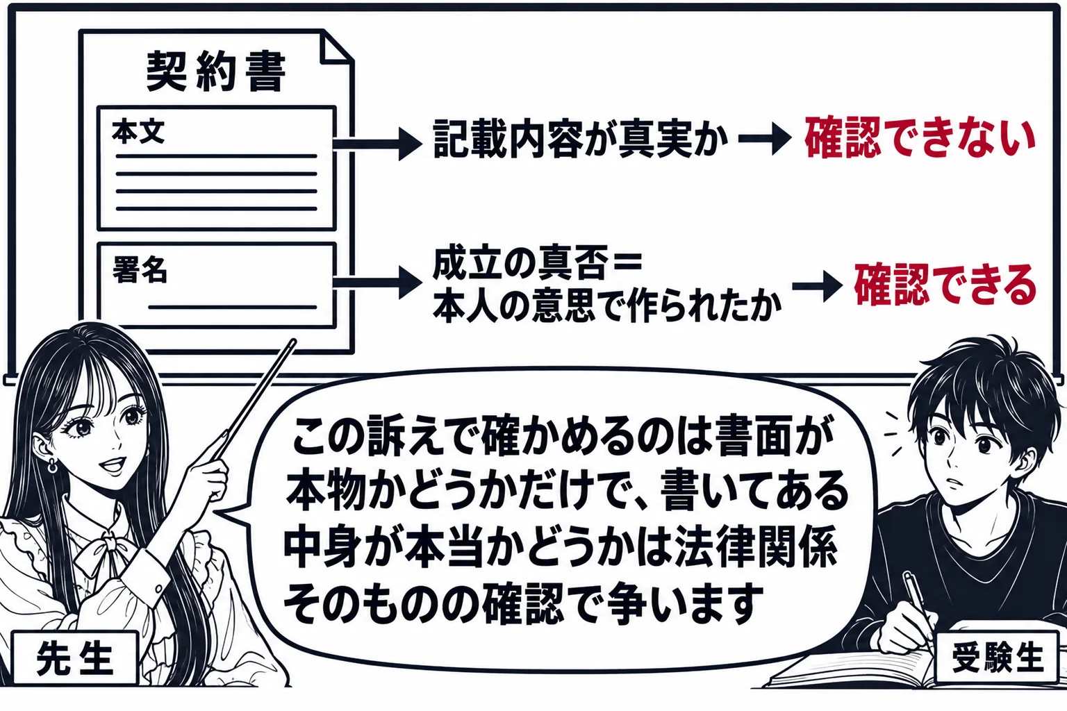 教室の場面。先生が教師役（札「先生」）で黒板の前に立つ。黒板に1枚の契約書の絵があり、署名欄から矢印で「成立の真否＝本人の意思で作られたか → 確認できる」、本文欄から矢印で「記載内容が真実か → 確認できない」と書かれている。席の男子学生