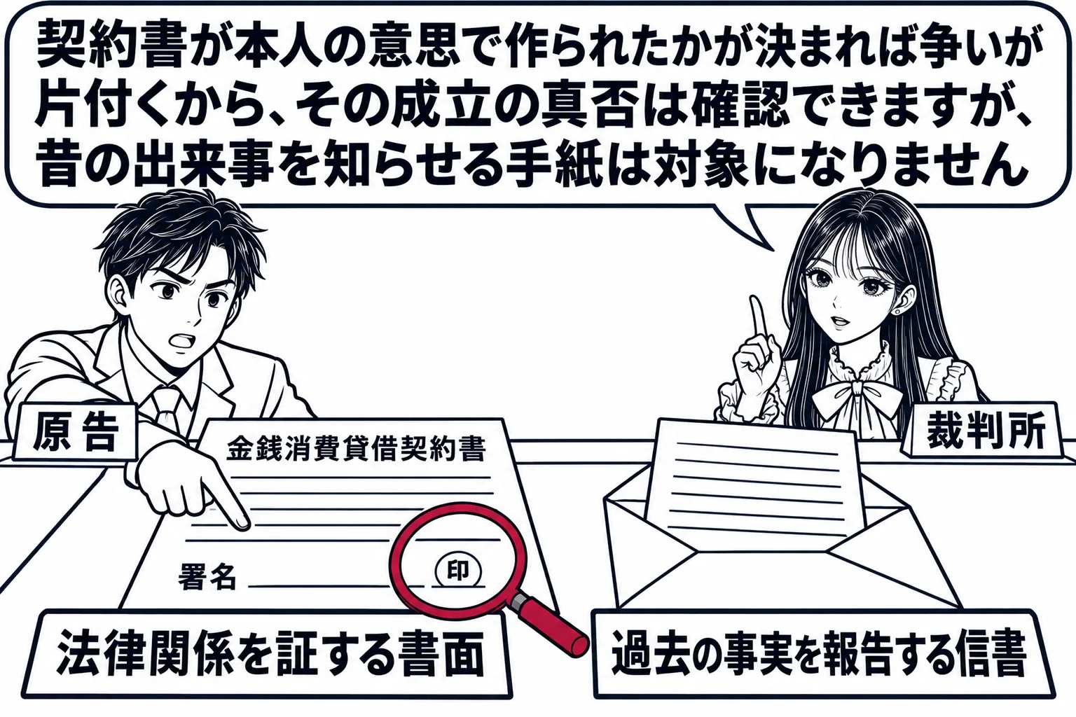 法廷の場面。裁判官席の先生（札「裁判所」）の前の机に2通の書面が置かれている。左の書面は「金銭消費貸借契約書」で、署名と印の欄に虫眼鏡が当てられ、札「法律関係を証する書面」。右の書面は封筒から出た手紙で、札「過去の事実を報告する信書」。原告