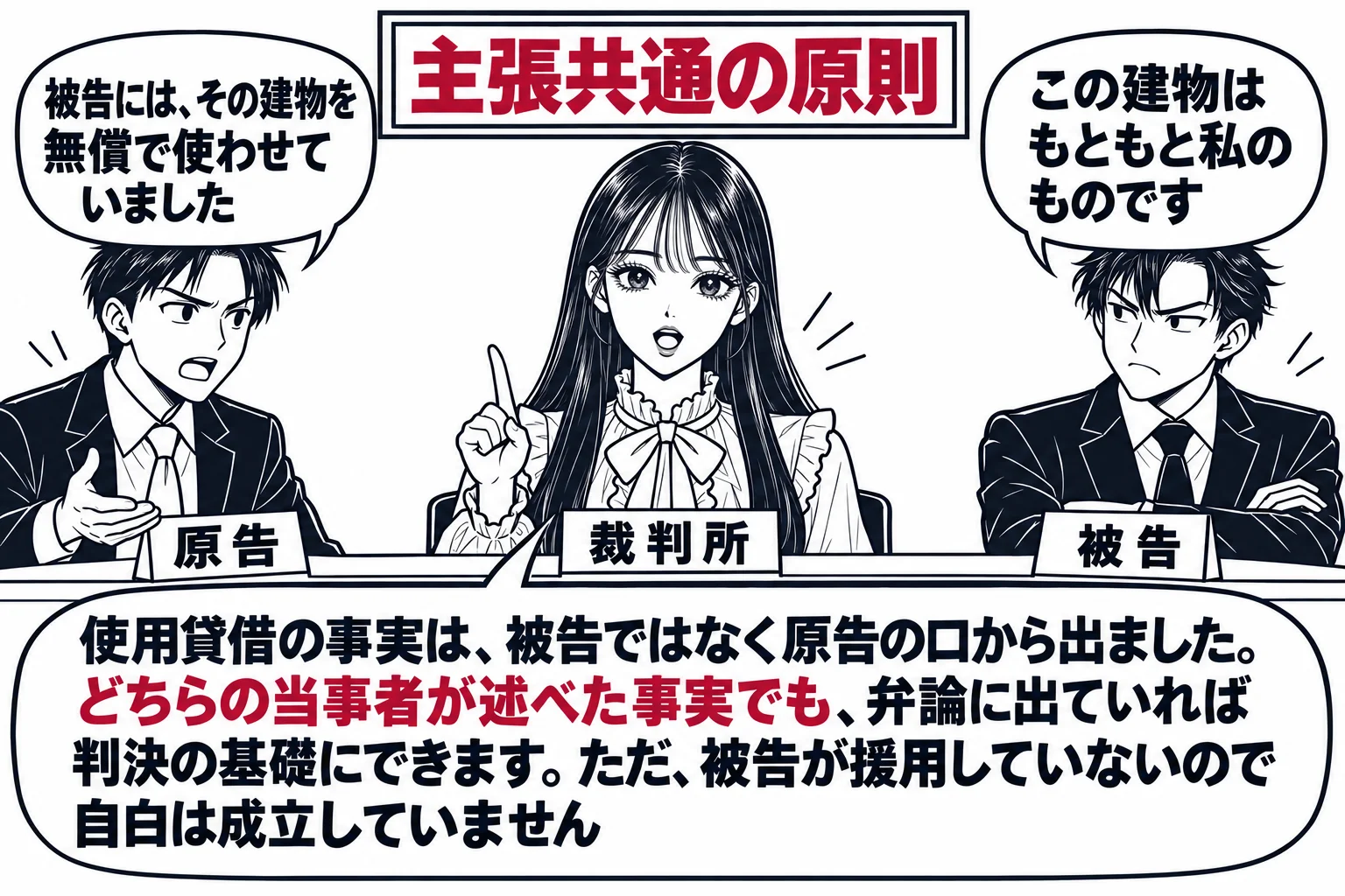 民事の法廷の場面。原告席の男性（札「原告」）が「被告には、その建物を無償で使わせていました」と陳述している。被告席の男性（札「被告」）は腕を組み「この建物はもともと私のものです」と言っている。正面の裁判官席で先生が裁判官役（札「裁判所」）と