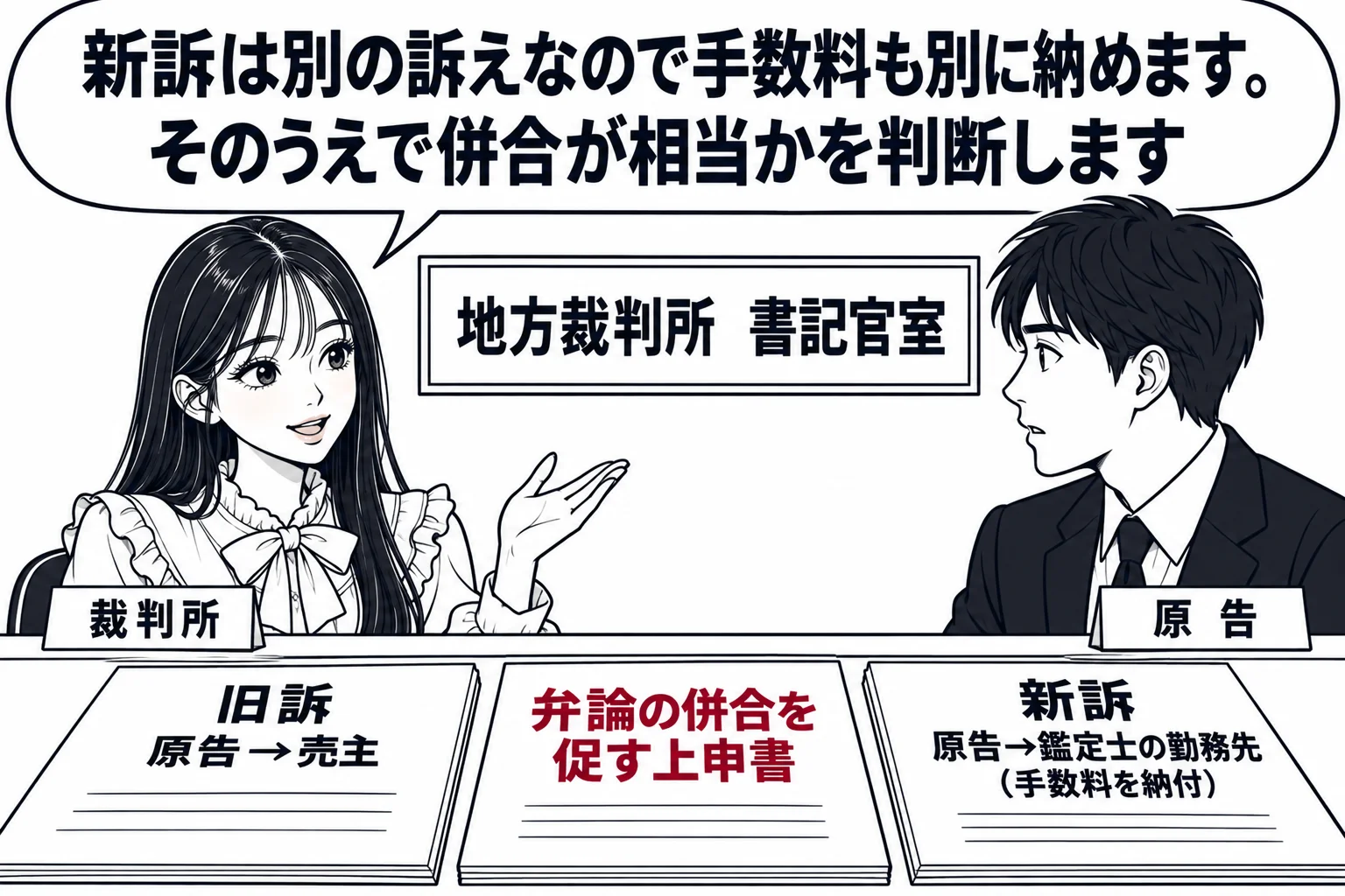 地方裁判所の書記官室の受付カウンターの場面。カウンターの上に2通の書類が並び、左に「旧訴訟　原告→売主」、右に「新訴　原告→鑑定士の勤務先（手数料を納付）」。2通の間に「弁論の併合を促す上申書」。カウンターの内側に先生が裁判官役（札「裁判所