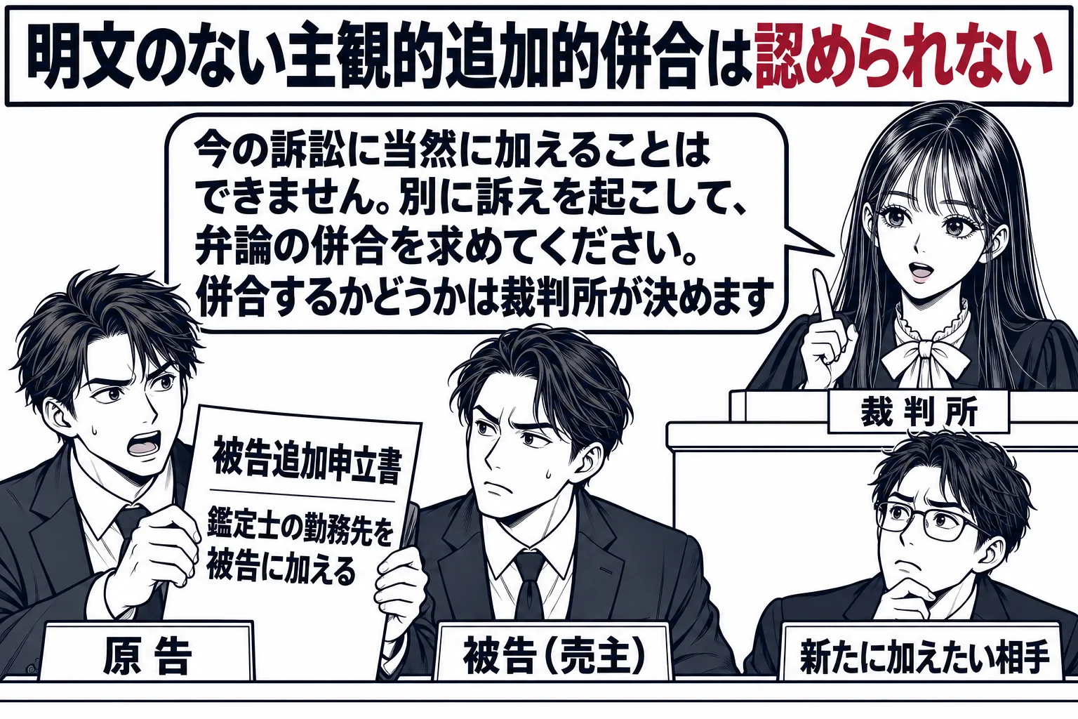 地方裁判所の法廷の場面。原告席の男性（札「原告」）が書面「被告追加申立書　鑑定士の勤務先を被告に加える」を掲げている。被告席に男性（札「被告（売主）」）。傍聴席の端に男性（札「新たに加えたい相手」）が座っている。法壇に先生が裁判官役（札「裁