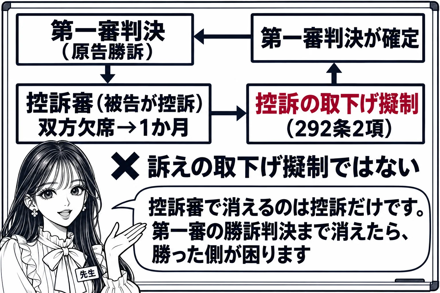 教室の黒板の板書の図解。上段に「第一審判決（原告勝訴）」の箱、矢印で下段の「控訴審（被告が控訴）」の箱。控訴審の箱に「双方欠席→1か月」と書き、そこから右へ矢印で「控訴の取下げ擬制（292条2項）」、さらに上段に戻る矢印で「第一審判決が確定