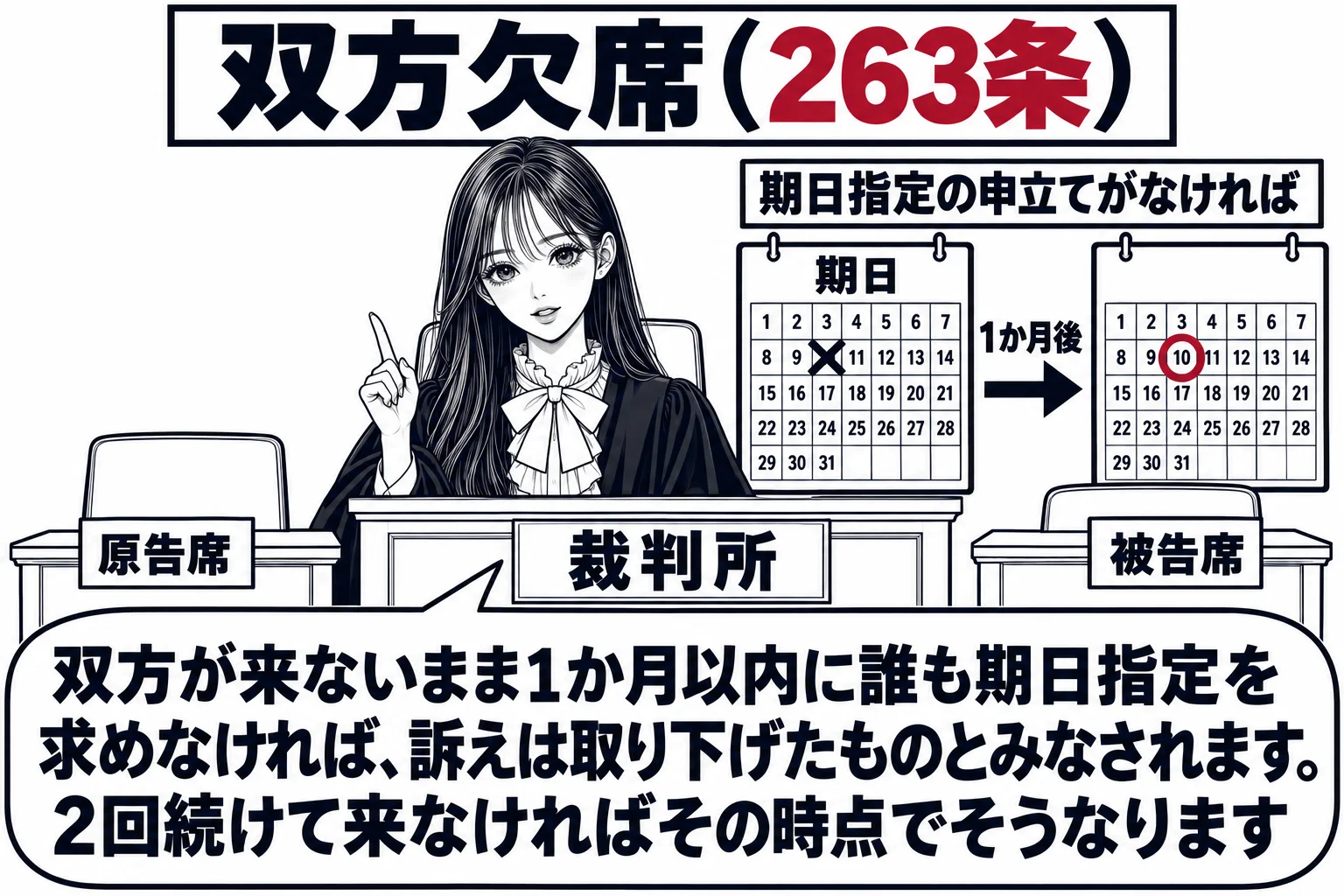 法廷の場面。原告席も被告席も空いている。法壇の先生が裁判長役（札「裁判所」）で、横の壁に大きなカレンダーがあり、期日の日に印、そこから1か月後の日に丸印と札「期日指定の申立てがなければ」。先生の吹き出し「双方が来ないまま1か月以内に誰も期日