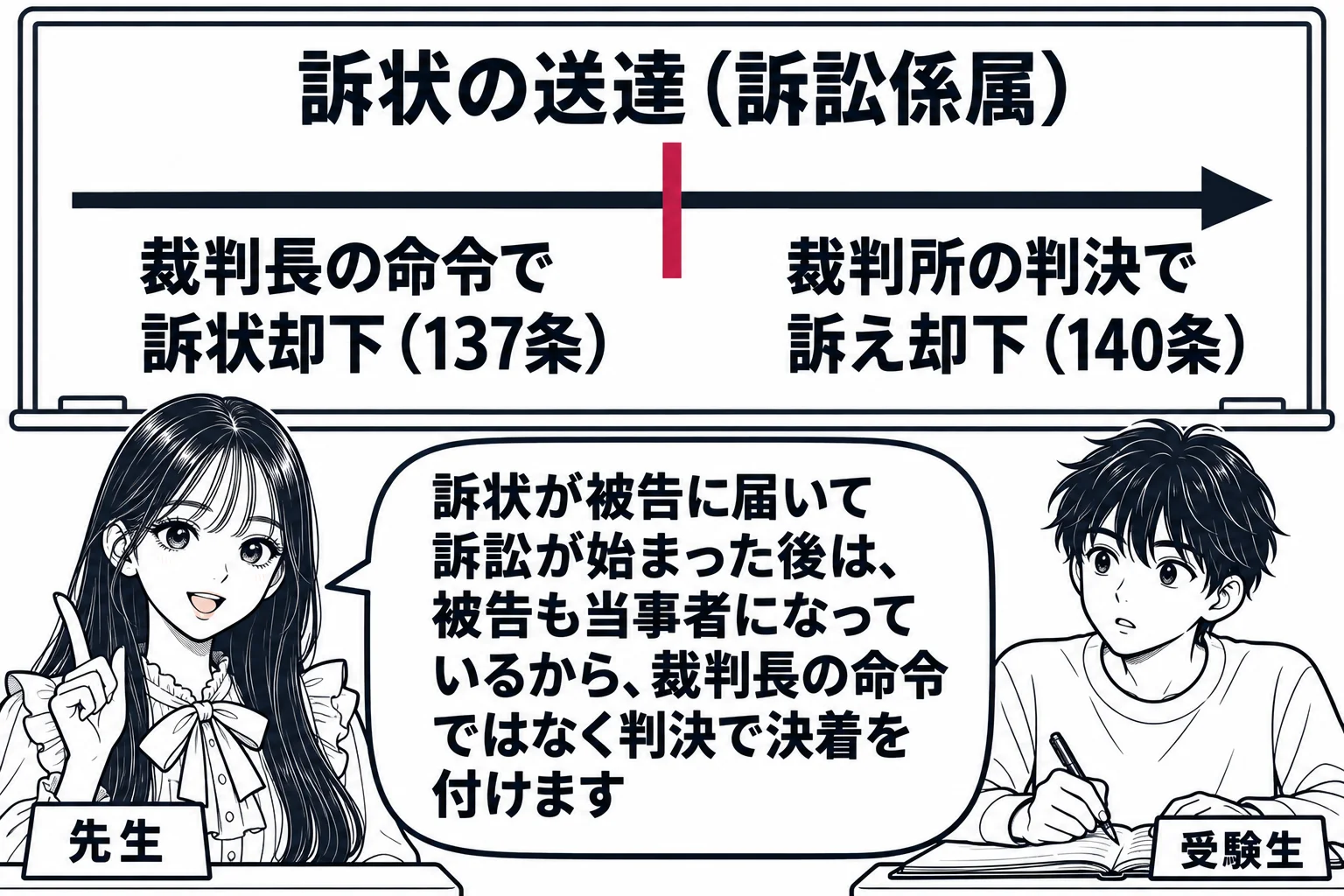 教室の場面。先生が教師役（札「先生」）で黒板の前に立つ。黒板に左から右への時間の矢印があり、途中に縦線と「訴状の送達（訴訟係属）」の文字。縦線の左に「裁判長の命令で訴状却下（137条）」、右に「裁判所の判決で訴え却下（140条）」と書かれて