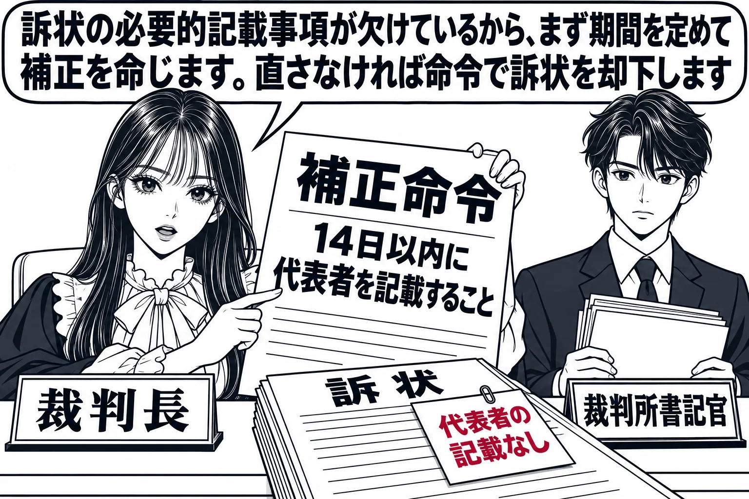 裁判官室の場面。机の上に訴状が置かれ、付箋に「代表者の記載なし」と書かれている。先生が裁判官役（札「裁判長」）で座り、補正命令の書面を持っている。書面の見出し「補正命令　14日以内に代表者を記載すること」。横に裁判所書記官の男性（札「裁判所