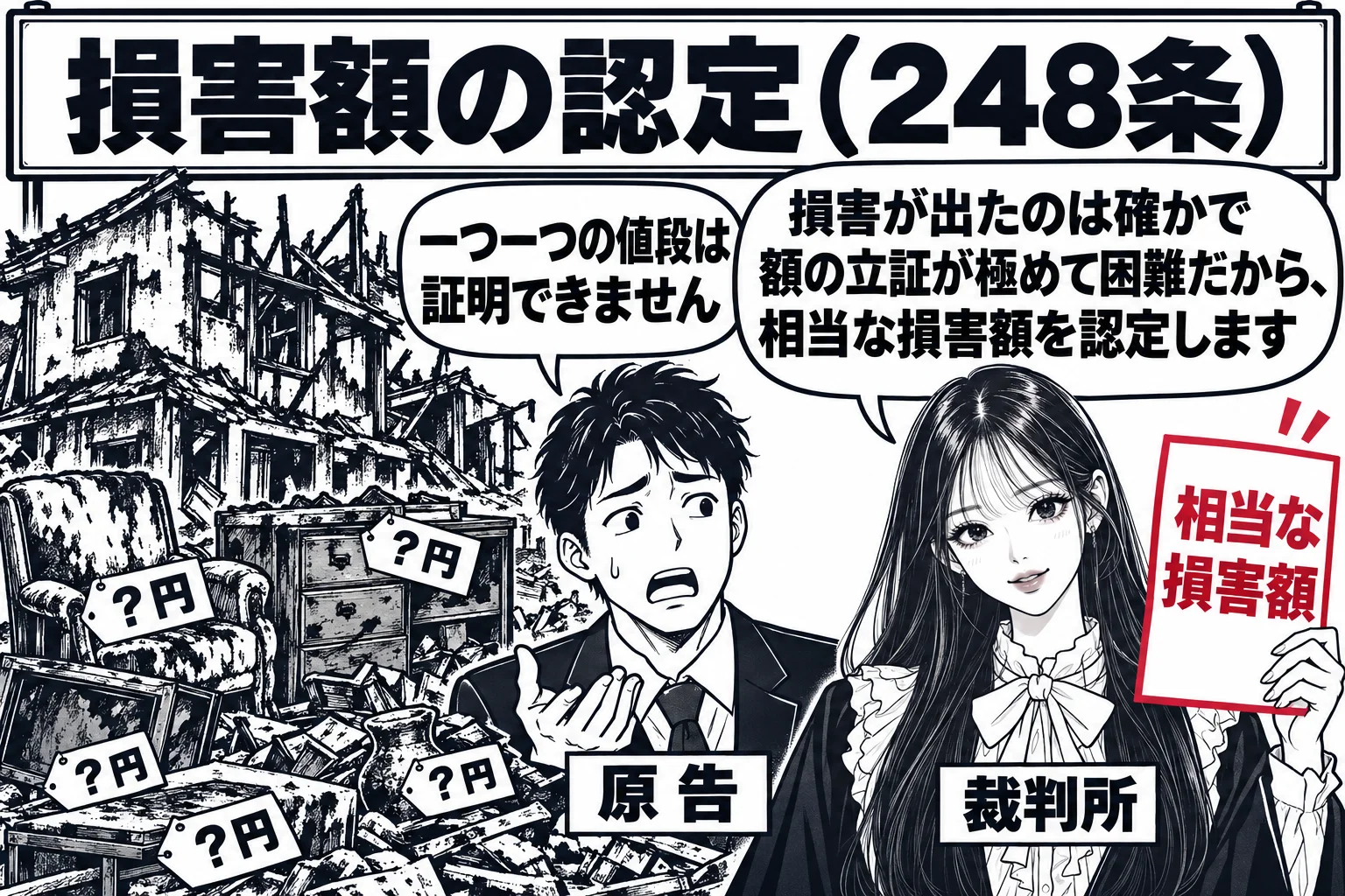 焼け跡の家の前の場面（人物の被害は描かない）。焼けた家財道具の山に、値段の分からない品物の札「？円」がいくつも付いている。その横に先生（札「裁判所」）が立ち、手に札「相当な損害額」と書いた紙を持っている。男性（札「原告」）が「一つ一つの値段