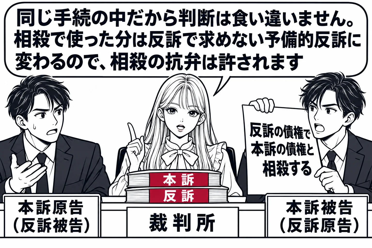 法廷の場面。1つの法廷の中で、左の当事者席に男性（札「本訴原告（反訴被告）」）、右の当事者席に男性（札「本訴被告（反訴原告）」）。裁判官席の先生（札「裁判所」）の前の机に「本訴」「反訴」と書いた2冊の記録が重ねて置かれている。右の男性が「反