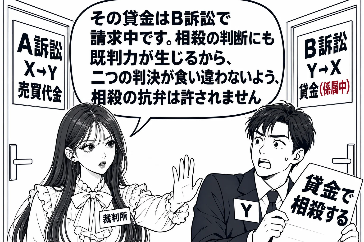 裁判所の廊下の場面。左右に2つの法廷の扉があり、左の扉に札「A訴訟　X→Y　売買代金」、右の扉に札「B訴訟　Y→X　貸金（係属中）」。左の法廷の入口で男性（札「Y」）が「貸金で相殺する」と書いた紙を掲げて入ろうとしている。先生が裁判官役（札