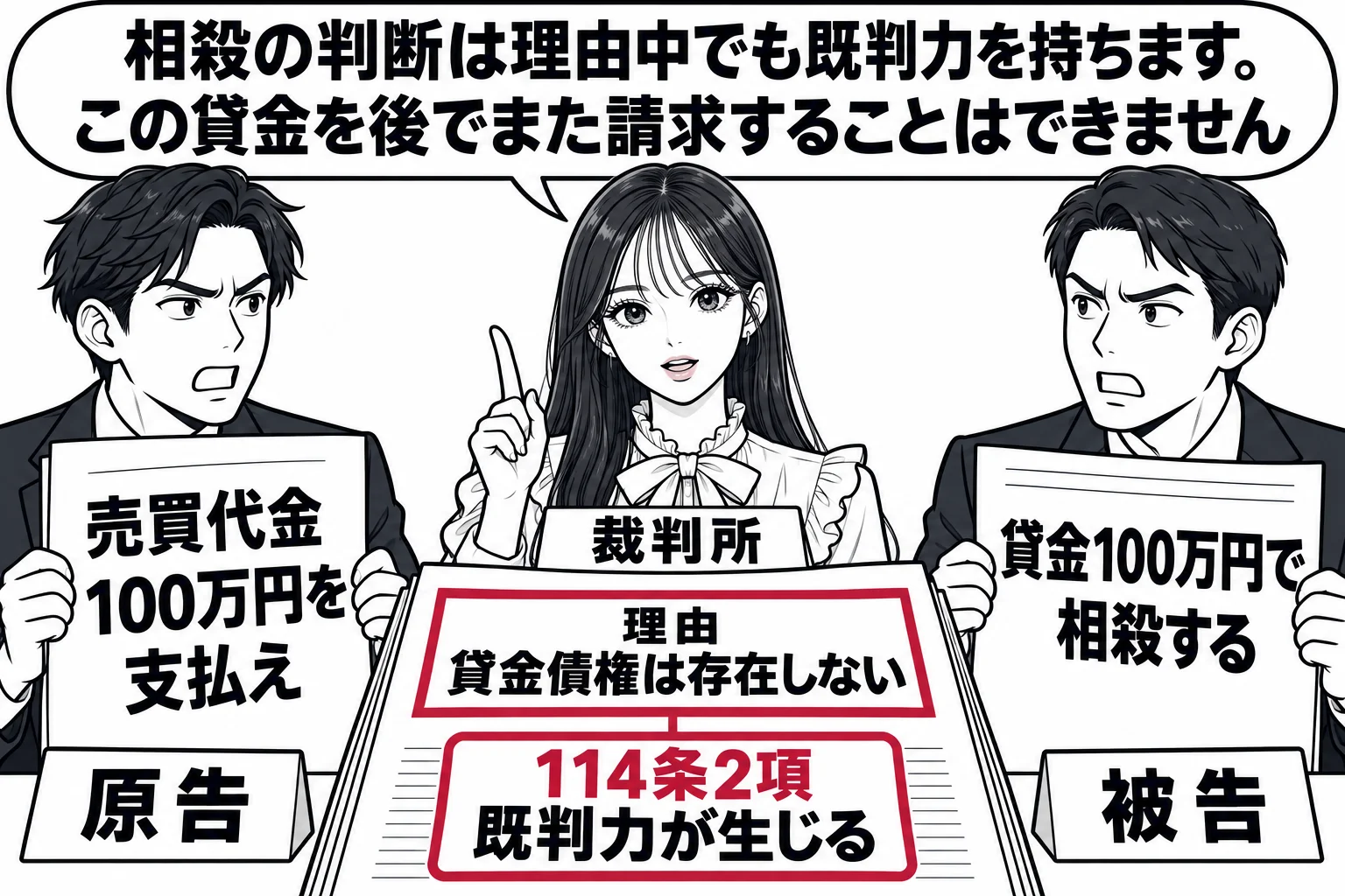 法廷の場面。原告席の男性（札「原告」）が訴状「売買代金100万円を支払え」を持ち、被告席の男性（札「被告」）が「貸金100万円で相殺する」と書いた紙を掲げている。法壇の先生（札「裁判所」）の前の判決書に「理由 貸金債権は存在しない」と書かれ