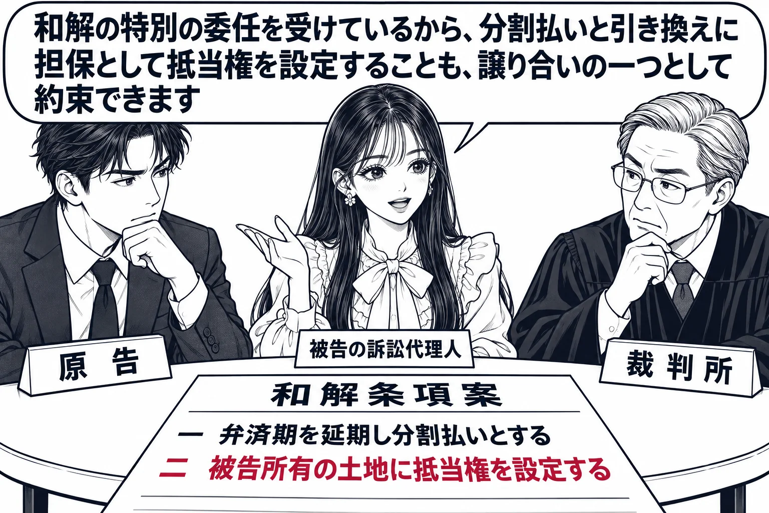 裁判所の和解室の場面。丸いテーブルを囲んで、男性（札「原告」）、先生が被告の弁護士役（札「被告の訴訟代理人」）、裁判官（札「裁判所」）が座っている。テーブルの上に「和解条項案」の紙があり、「一 弁済期を延期し分割払いとする」「二 被告所有の