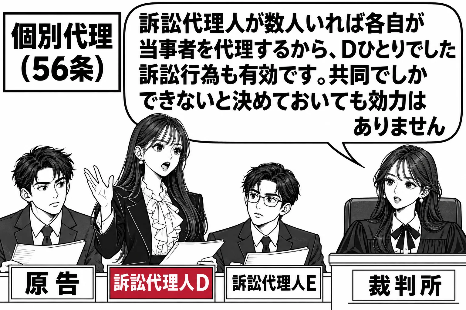 法廷の場面。原告代理人席に二人の弁護士（札「訴訟代理人D」「訴訟代理人E」）が並んで座り、Dだけが立って発言している。原告席に男性（札「原告」）。先生が裁判官役（札「裁判所」）で裁判官席に座っている。先生の吹き出し「訴訟代理人が数人いれば各