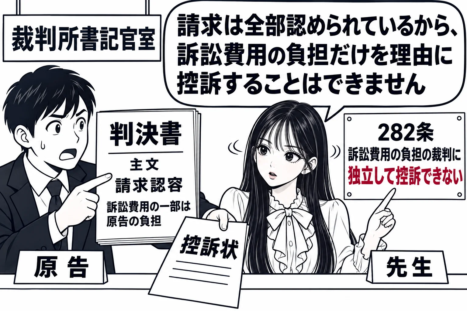 裁判所書記官室の受付カウンターの場面。カウンターの前の男性（札「原告」）が判決書を指さし、判決書の主文に「請求認容」「訴訟費用の一部は原告の負担」と書かれている。男性は控訴状を出そうとしているが、カウンターの奥の先生（札「先生」）が首を横に