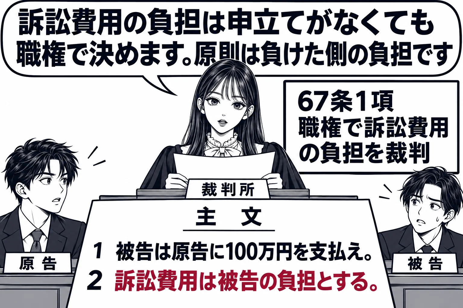 公開の法廷の場面。法壇の先生（札「裁判所」）が判決の主文を読み上げ、主文の紙に「1 被告は原告に100万円を支払え。2 訴訟費用は被告の負担とする。」と書かれている。原告席にも被告席にも「申立書」は置かれていない。法壇の脇の掲示「67条1項