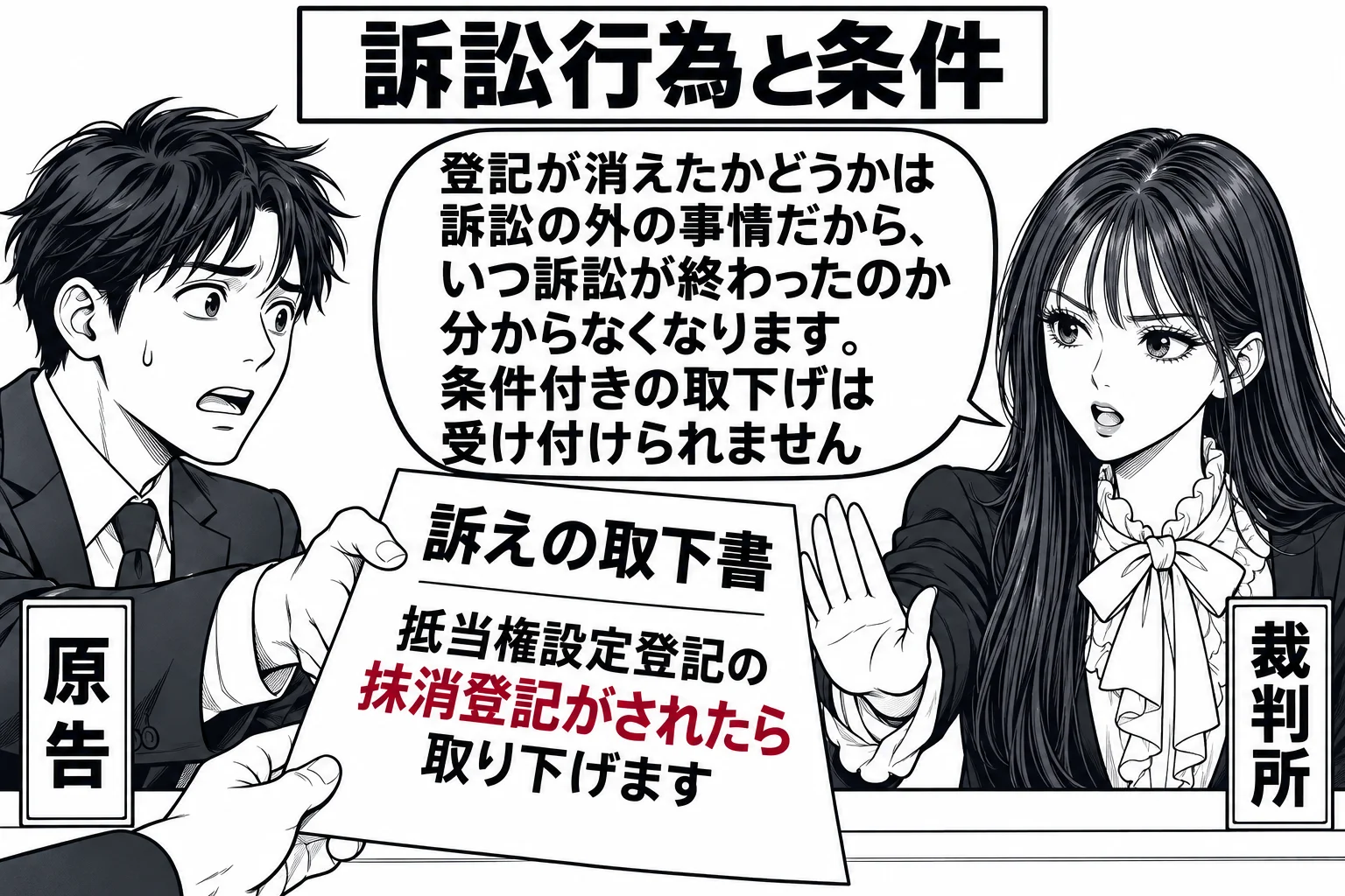 裁判所書記官室の受付カウンターの場面。原告の男性（札「原告」）が書面を差し出しており、書面の表題は「訴えの取下書」、その下に小さく「抵当権設定登記の抹消登記がされたら取り下げます」と書かれている。カウンターの内側に先生が裁判官役（札「裁判所