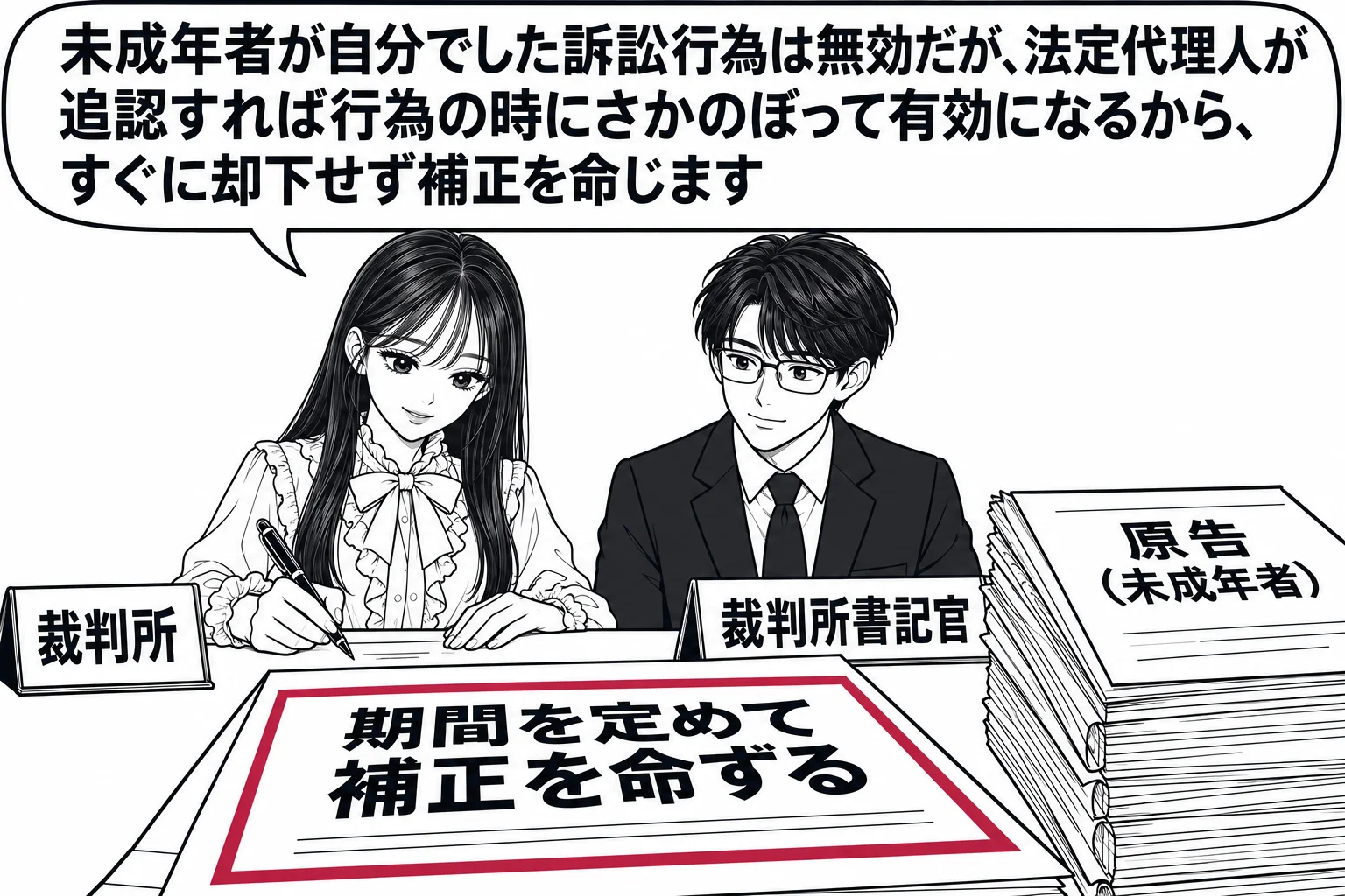 裁判官室の場面。机の上に訴訟記録の束が置かれ、一番上に「原告（未成年者）」と書かれた訴状がある。先生が裁判官役（札「裁判所」）で机に向かい、補正命令の書面に署名している。書面には「期間を定めて補正を命ずる」と書かれている。横に男性（札「裁判