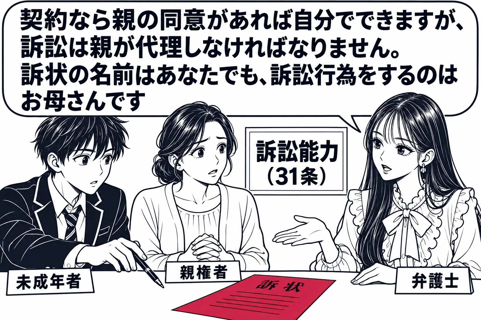法律事務所の相談室の場面。机をはさんで、制服姿の男子高校生（札「未成年者」）と母親（札「親権者」）が座り、向かいに先生が弁護士役（札「弁護士」）で座っている。机の上に「訴状」の用紙。高校生が自分でペンを持とうとしている。先生の吹き出し「契約