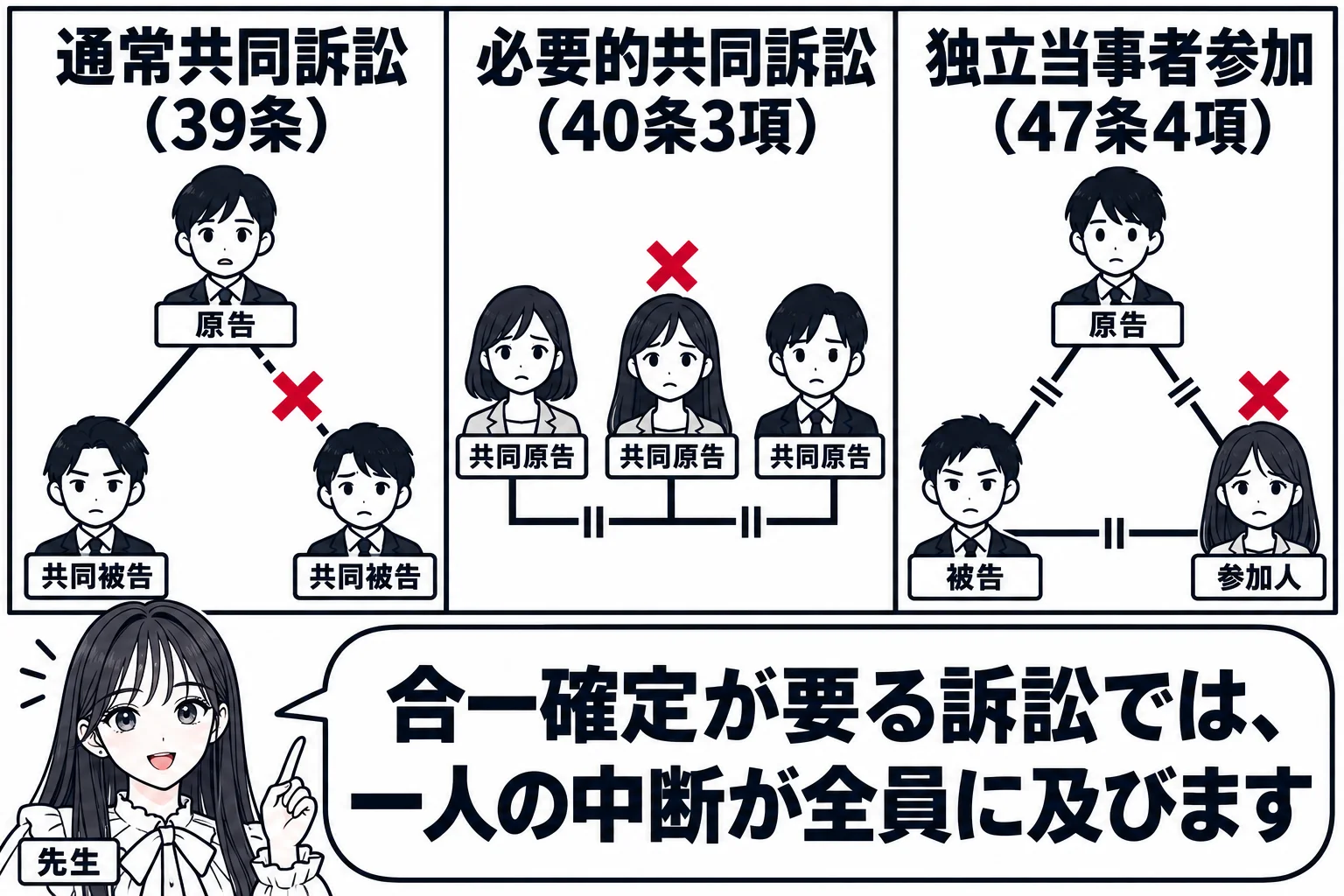 教室の黒板の板書の図解。3列の表。左列「通常共同訴訟（39条）」に、共同被告2人のうち1人に×印、その人との線だけ切れている図。中央列「必要的共同訴訟（40条3項）」に、共同原告3人が一本の線で結ばれ、1人の×印で線全体が止まっている図。右